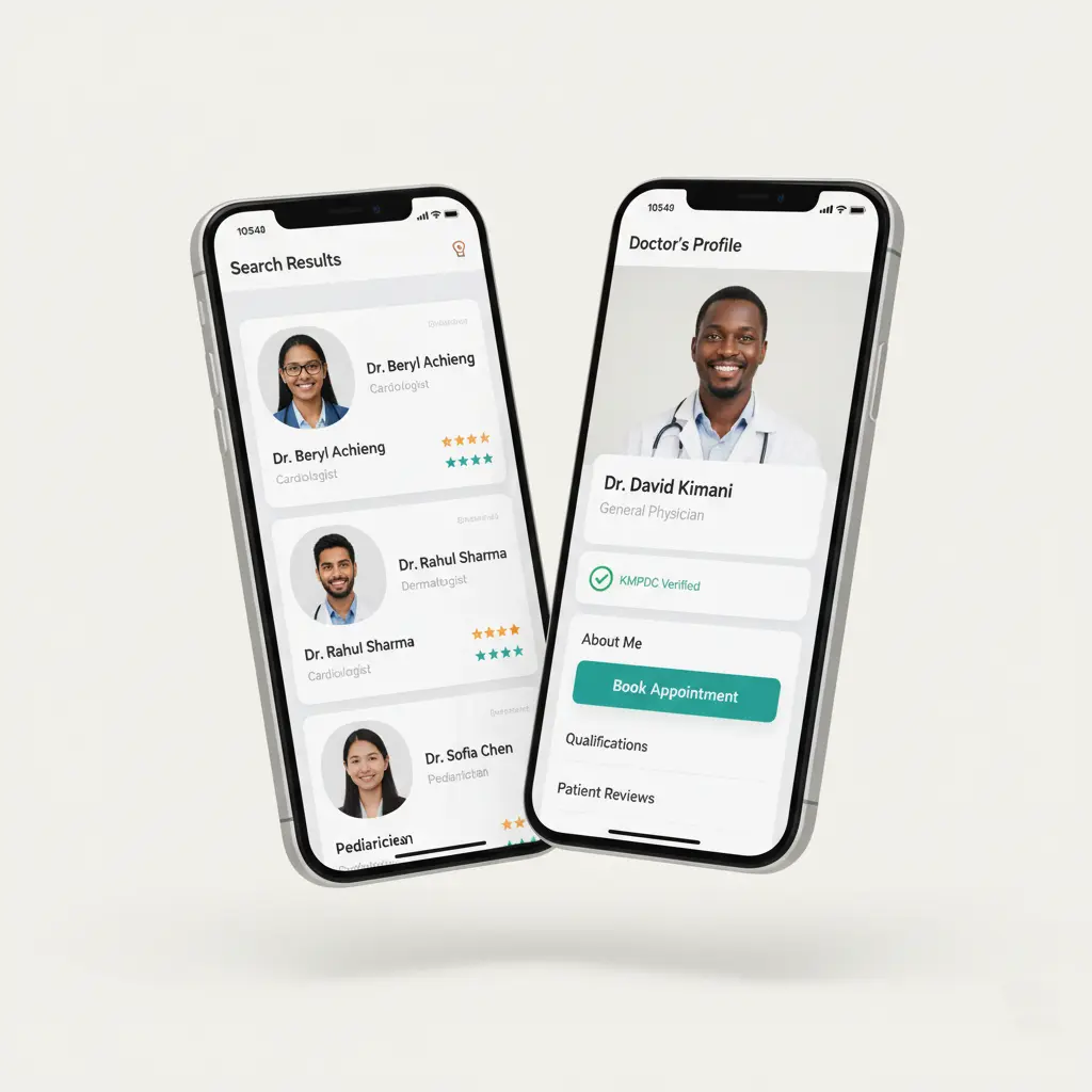 PataDoc mobile app interface displaying a list of verified doctors with their photos, specialties, ratings, and available appointment times. The interface shows features like insurance filtering and instant booking capabilities.
